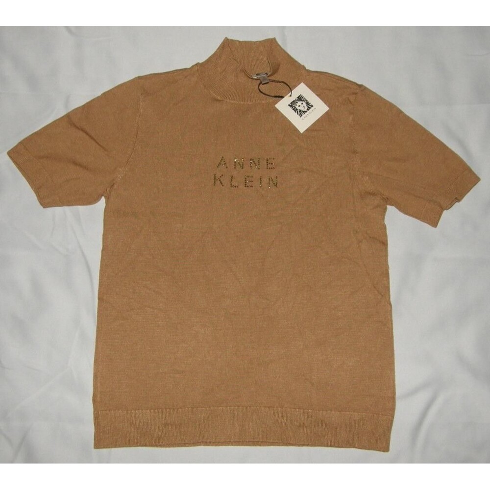 NEW Brown Sz Medium Soft Stretchy Mock Neck Short Sleeve Logo Sweater ANNE KLEIN